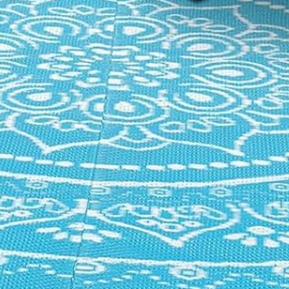ROUND MANDALA PATIO RUG, NEW Woven Plastic Straw, Turquoise,  5' x 5' - Picture 6 of 8